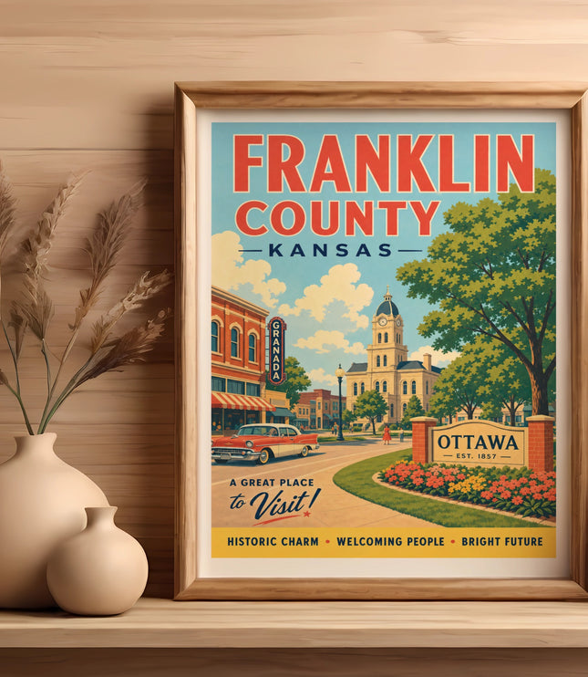 Franklin County, Kansas retro travel poster with buildings and text.