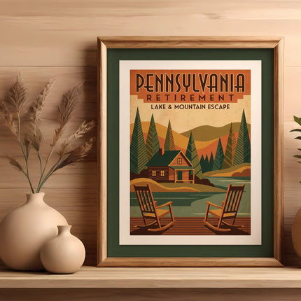 Framed Pennsylvania Retirement Lake & Mountain Escape poster with rocking chairs and cabin.
