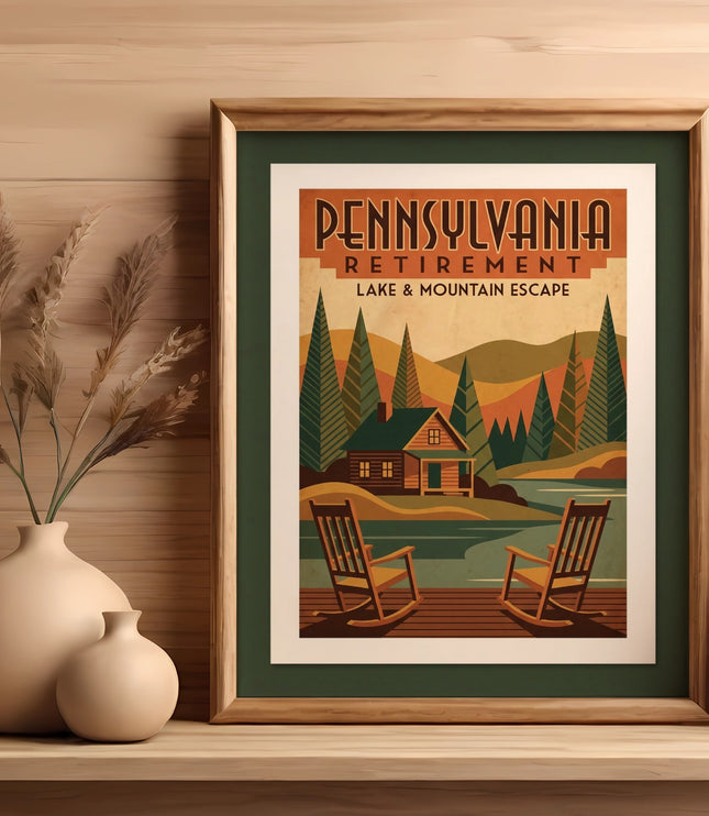 Framed Pennsylvania Retirement Lake & Mountain Escape poster with rocking chairs and cabin.