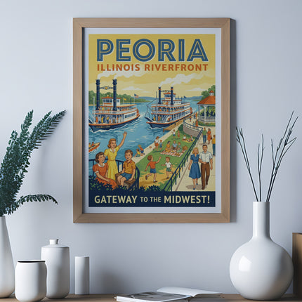 Vintage poster of Peoria, Illinois riverfront with steamboats and people.