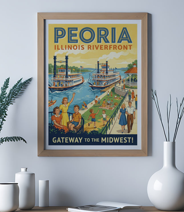 Vintage poster of Peoria, Illinois riverfront with steamboats and people.