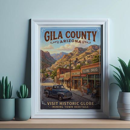 Vintage Gila County Arizona poster featuring a street scene with a truck and buildings.