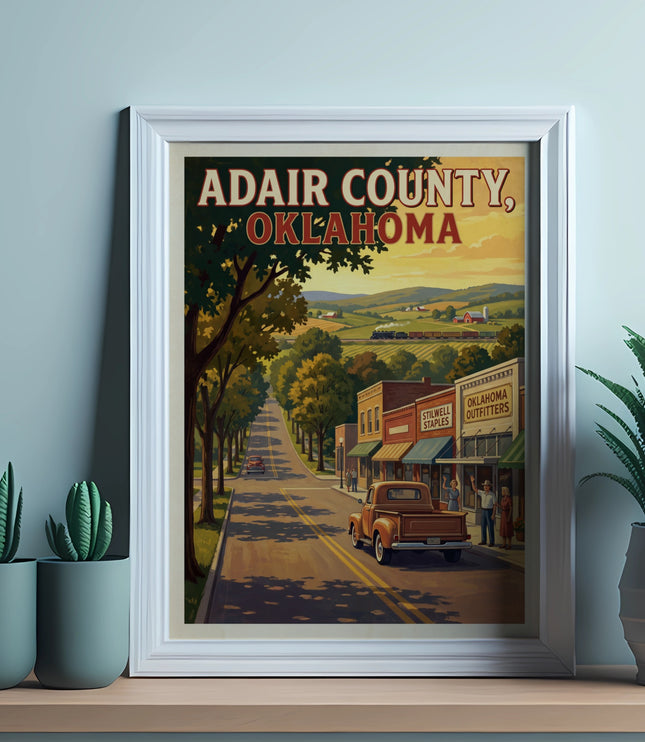 Adair County, Oklahoma vintage travel poster with town street scene
