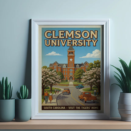 Clemson University poster with iconic building and text "South Carolina - Visit the Tigers' Home".