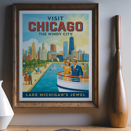 Vintage "Visit Chicago The Windy City" poster with skyline, boat, and text.