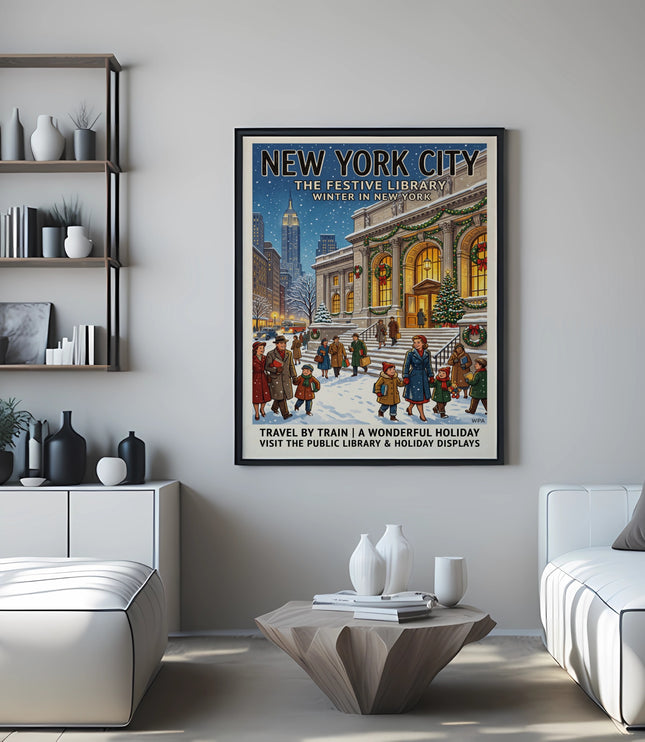 New York City winter vintage poster featuring the Public Library holiday displays.