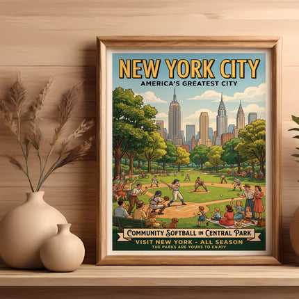 New York City poster with Central Park softball scene and text.