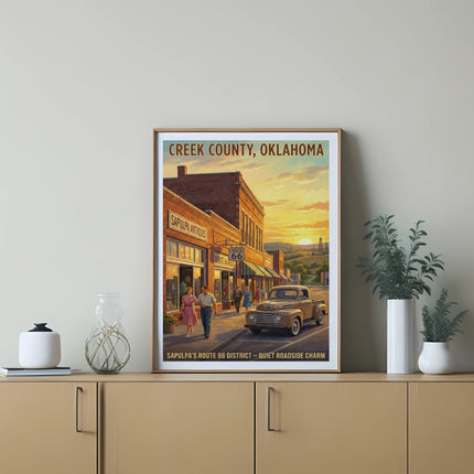 Vintage poster of Creek County, Oklahoma, Sapulpa's Route 66 District.