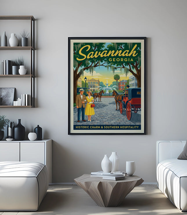 Vintage Savannah, Georgia travel poster with couple, carriage, and fountain.