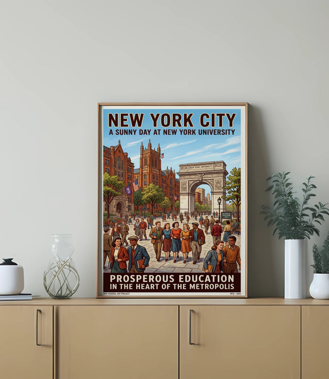 New York City poster showing a sunny day at New York University with Washington Square Arch.