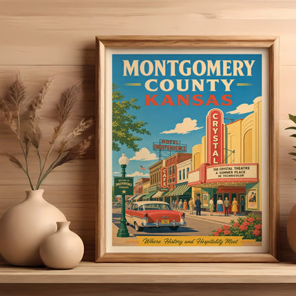 Vintage poster of Independence, Kansas, featuring the Crystal Theatre and historic buildings.