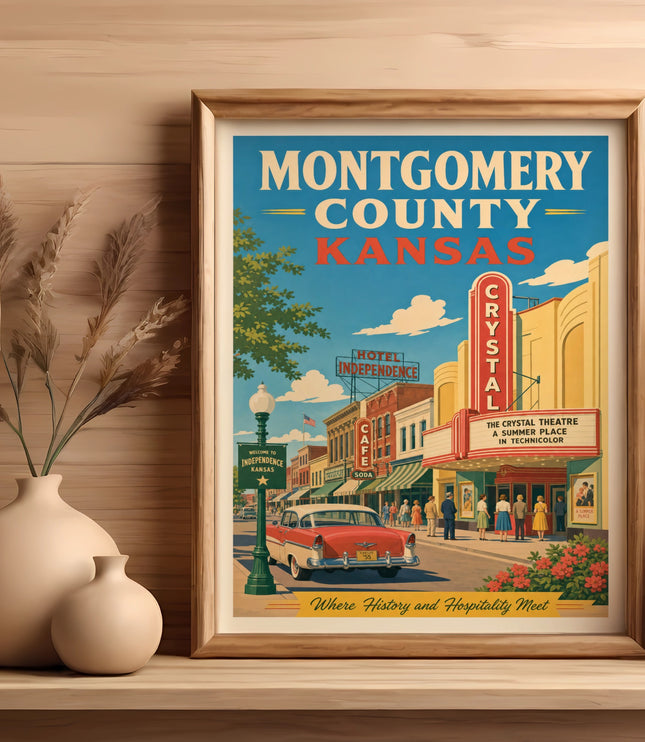 Vintage poster of Independence, Kansas, featuring the Crystal Theatre and historic buildings.