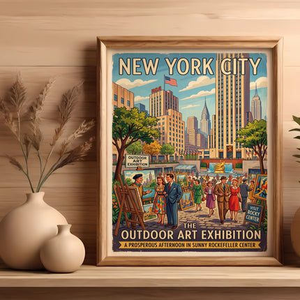 New York City outdoor art exhibition poster in Rockefeller Center.