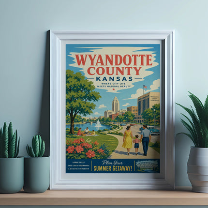 Wyandotte County, Kansas poster with families in a park, cityscape, and text "Plan Your Summer Getaway!".