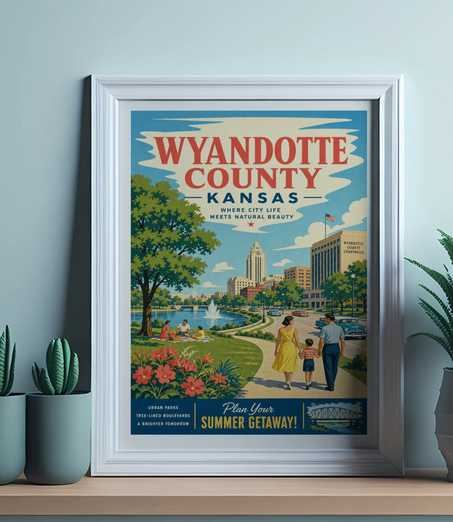 Wyandotte County, Kansas poster with families in a park, cityscape, and text "Plan Your Summer Getaway!".