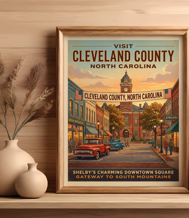 Vintage poster of Shelby's charming downtown square, gateway to South Mountains.