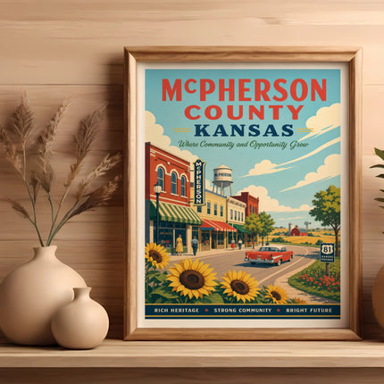 McPherson County, Kansas travel poster with sunflowers and vintage cars.