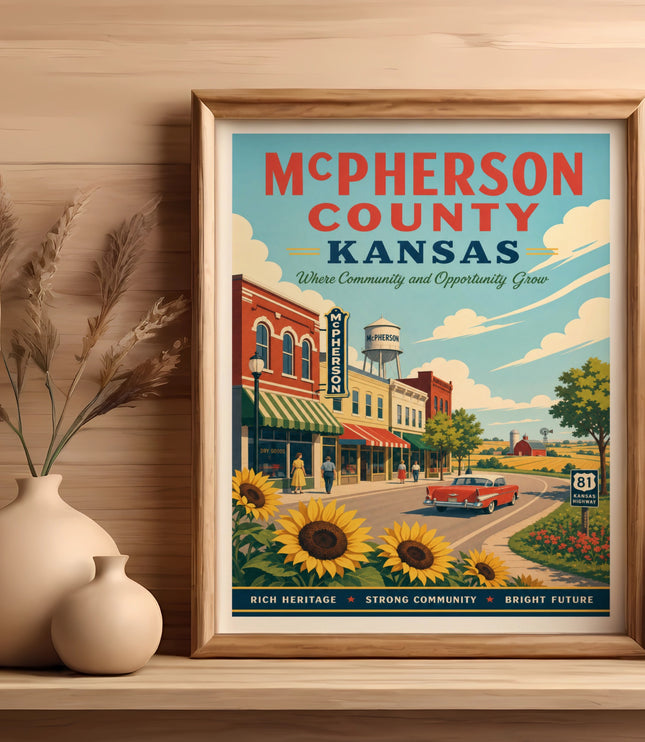 McPherson County, Kansas travel poster with sunflowers and vintage cars.