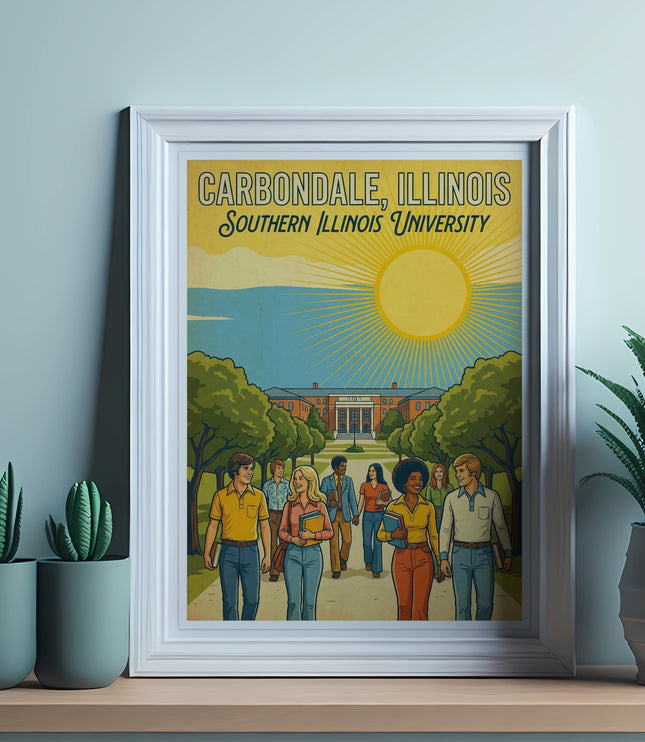 Carbondale, Illinois, Southern Illinois University vintage travel poster with students.