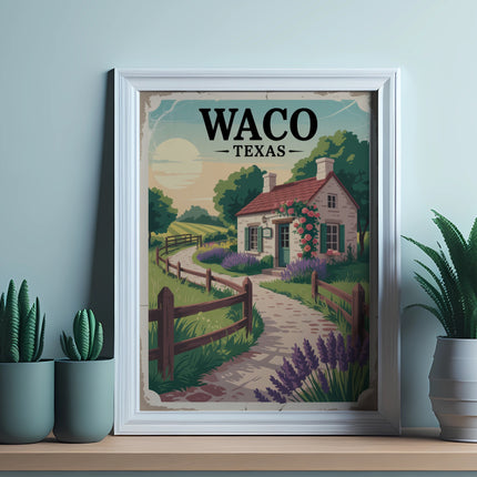 Illustration of a charming house in Waco, Texas, with plants in the foreground.
