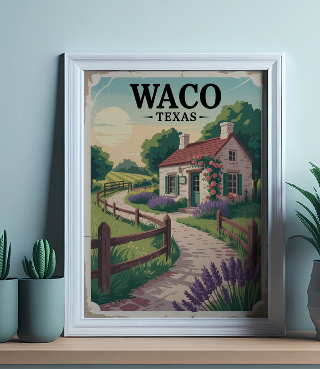 Illustration of a charming house in Waco, Texas, with plants in the foreground.