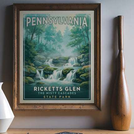 Pennsylvania Ricketts Glen State Park misty cascades landscape poster.