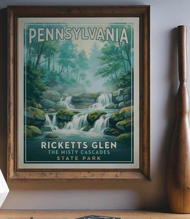 Pennsylvania Ricketts Glen State Park misty cascades landscape poster.