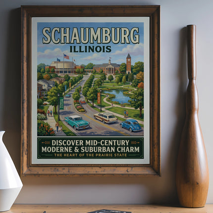 Schaumburg Illinois art with classic cars, buildings, and text "Discover Mid-Century Moderne & Suburban Charm".