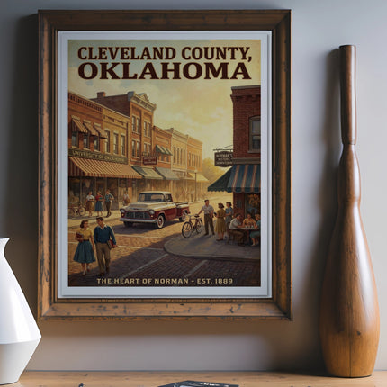 Cleveland County, Oklahoma poster featuring historic downtown Norman with a vintage truck.