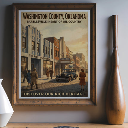 Washington County, Oklahoma vintage poster with Bijou Theater and The Phillips Building.