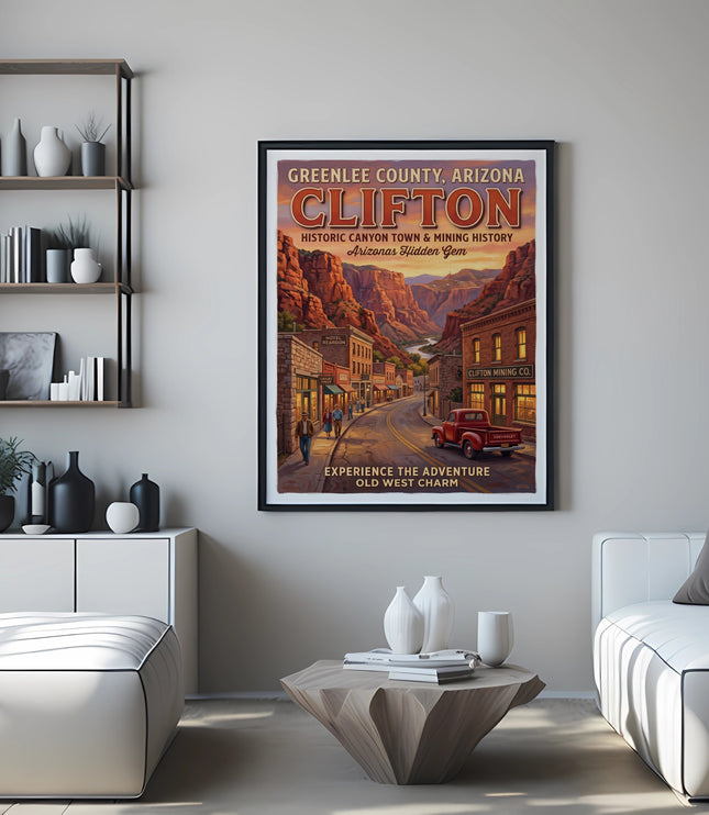 Clifton, Arizona vintage travel poster depicting a historic town and canyon landscape.