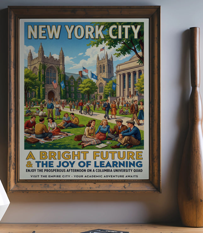 New York City poster of college quad with students enjoying learning.