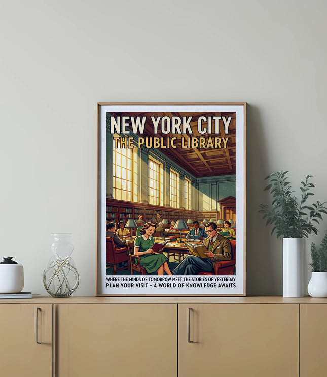New York City The Public Library poster showing people reading indoors.