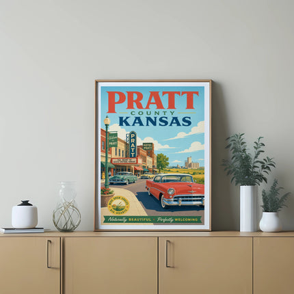 Vintage Pratt County Kansas travel poster featuring retro cars and town sign.