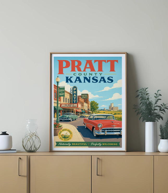 Vintage Pratt County Kansas travel poster featuring retro cars and town sign.