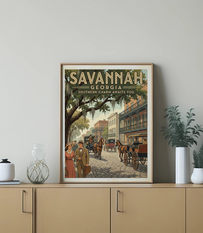 Vintage Savannah, Georgia advertisement with horse-drawn carriages and people walking.