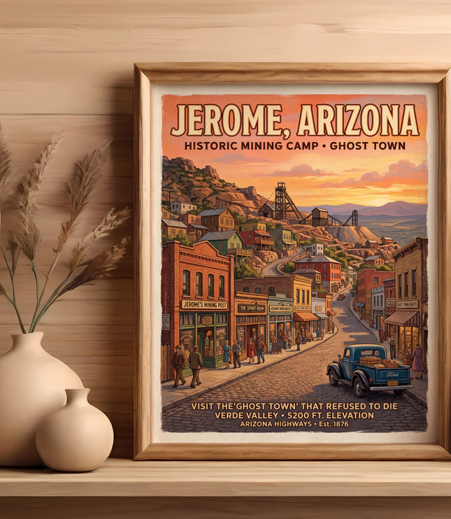 Jerome, Arizona historic mining camp and ghost town poster with vintage street scene.