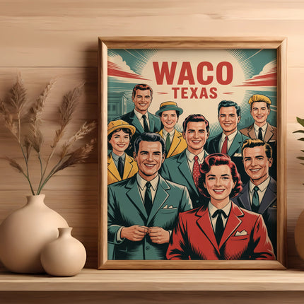 Retro poster featuring smiling men and women in vintage attire with "Waco Texas" text.