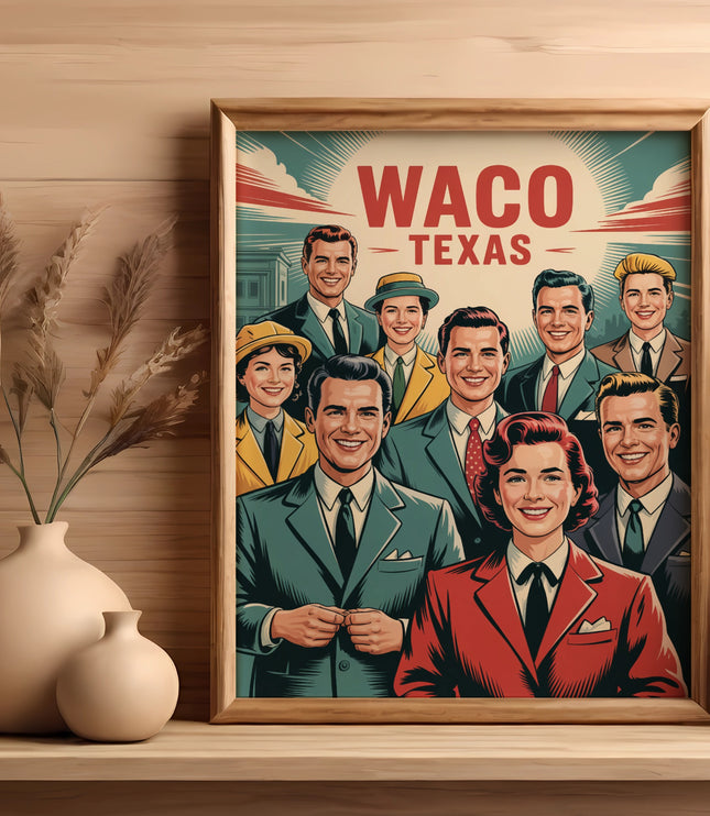 Retro poster featuring smiling men and women in vintage attire with "Waco Texas" text.