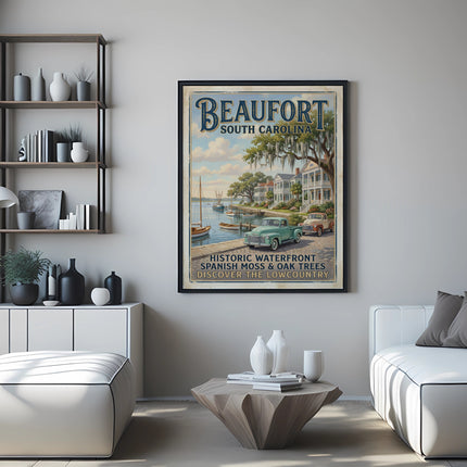 Framed "Beaufort South Carolina" poster with waterfront scene, vintage trucks, and Spanish moss.