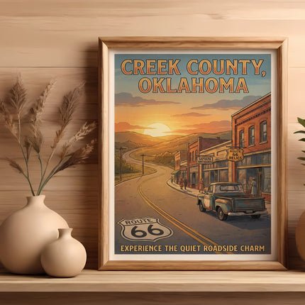 Creek County, Oklahoma Route 66 poster with vintage truck and sunset scene.