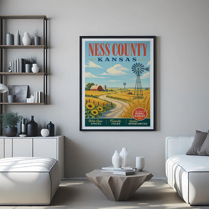 Ness County Kansas poster with windmill, sunflowers, and rural landscape.