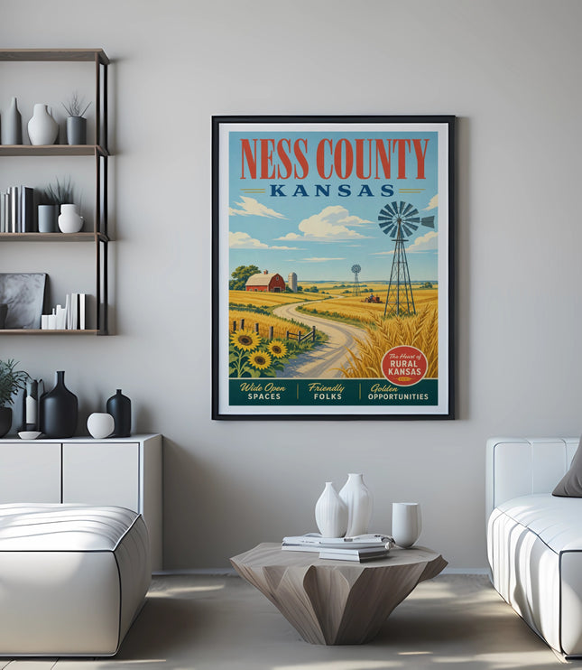 Ness County Kansas poster with windmill, sunflowers, and rural landscape.