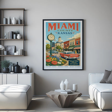 Vintage Miami County Kansas poster featuring a classic car, flowers, and town details.