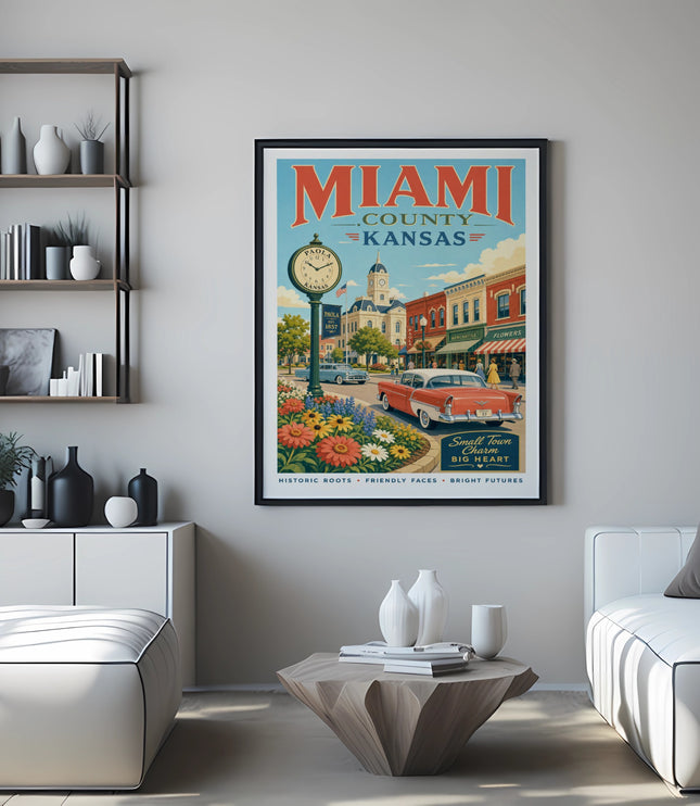 Vintage Miami County Kansas poster featuring a classic car, flowers, and town details.