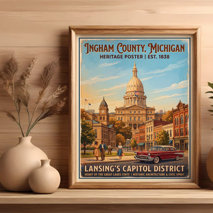 Ingham County Michigan heritage poster featuring Lansing's Capitol District.
