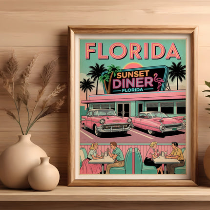 Retro Florida Sunset Diner art with pink cars, palm trees, and people at tables.