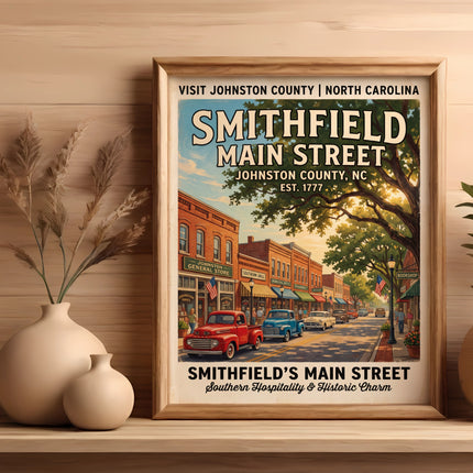 Smithfield Main Street vintage poster, Johnston County, NC est. 1777.