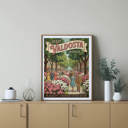 Vintage poster of Valdosta, Georgia, featuring a street scene with azaleas and people.