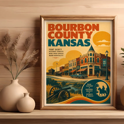 Bourbon County Kansas poster with vintage buildings, cannon, and landscape.